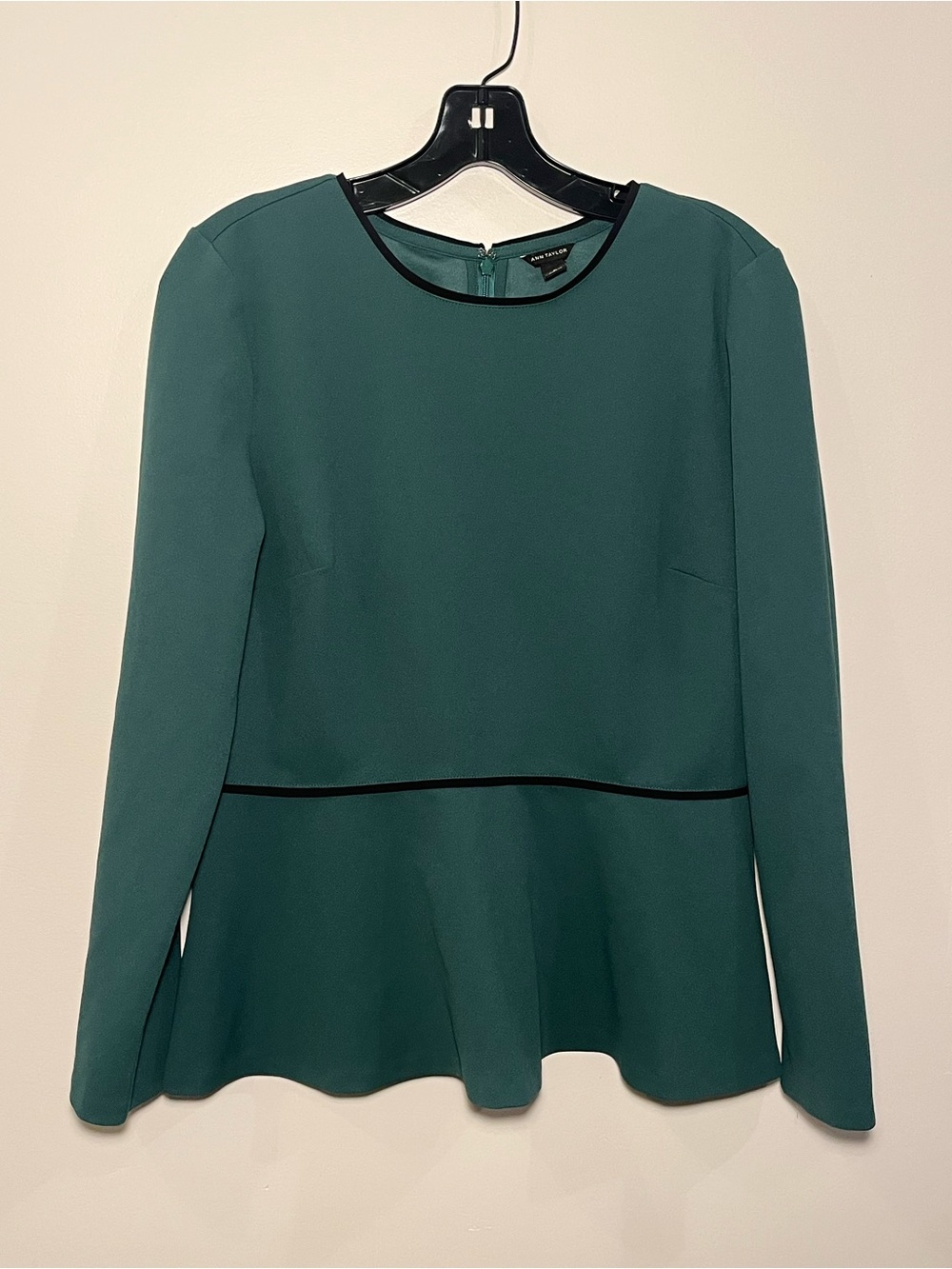 Ann Taylor Deep Teal Peplum Long-Sleeve Top with Black Trim